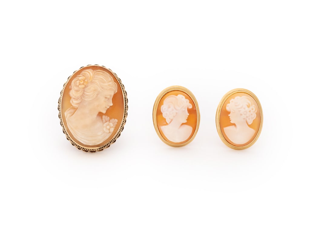 14K Yellow Gold Cameo Earrings & Brooch Set (1 of 10)