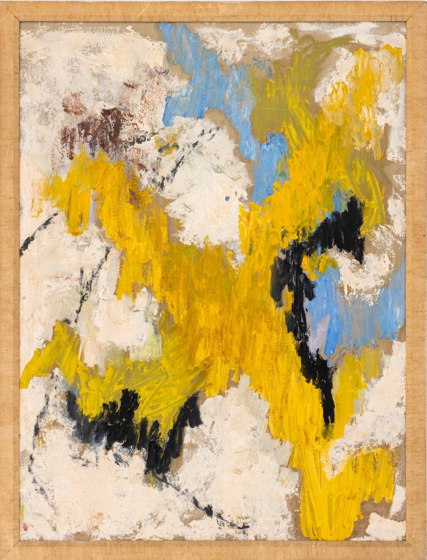 Abstract Expressionist Composition Oil on Panel: 20th Century School, Polychrome Abstract Expressionist Composition, Oil on Panel, apparently unsigned, linen covered frame. Image: 23.5" H x 17.5" W; frame: 25.5" H x 19.5" W x 0.5" D. Provenance: Fro