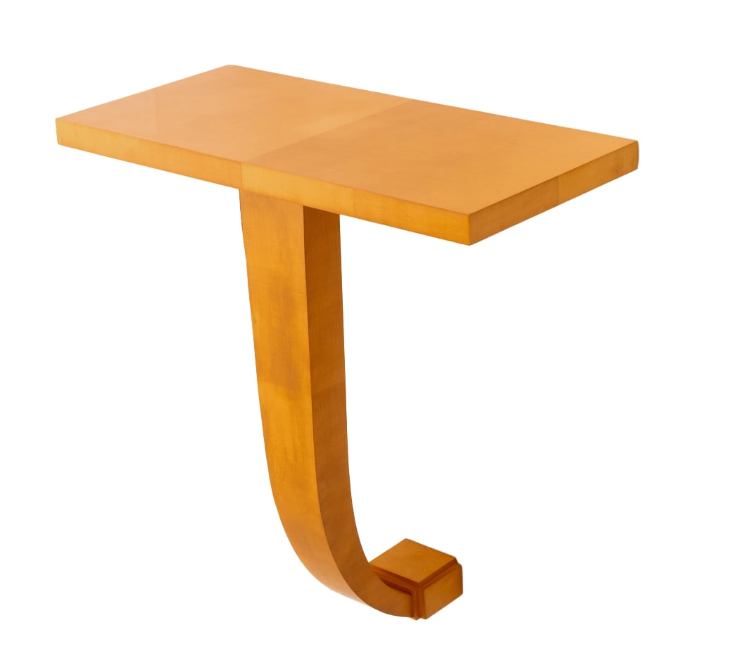 Art Deco Style Pearwood Console Table: Art Deco Style Pearwood Console Table, with rectangular top above a curved monopodiae on a stepped plinth. 31" H x 29.5" W x 14" D. Provenance: From a 230 Central Park South Private Collection. Keywor