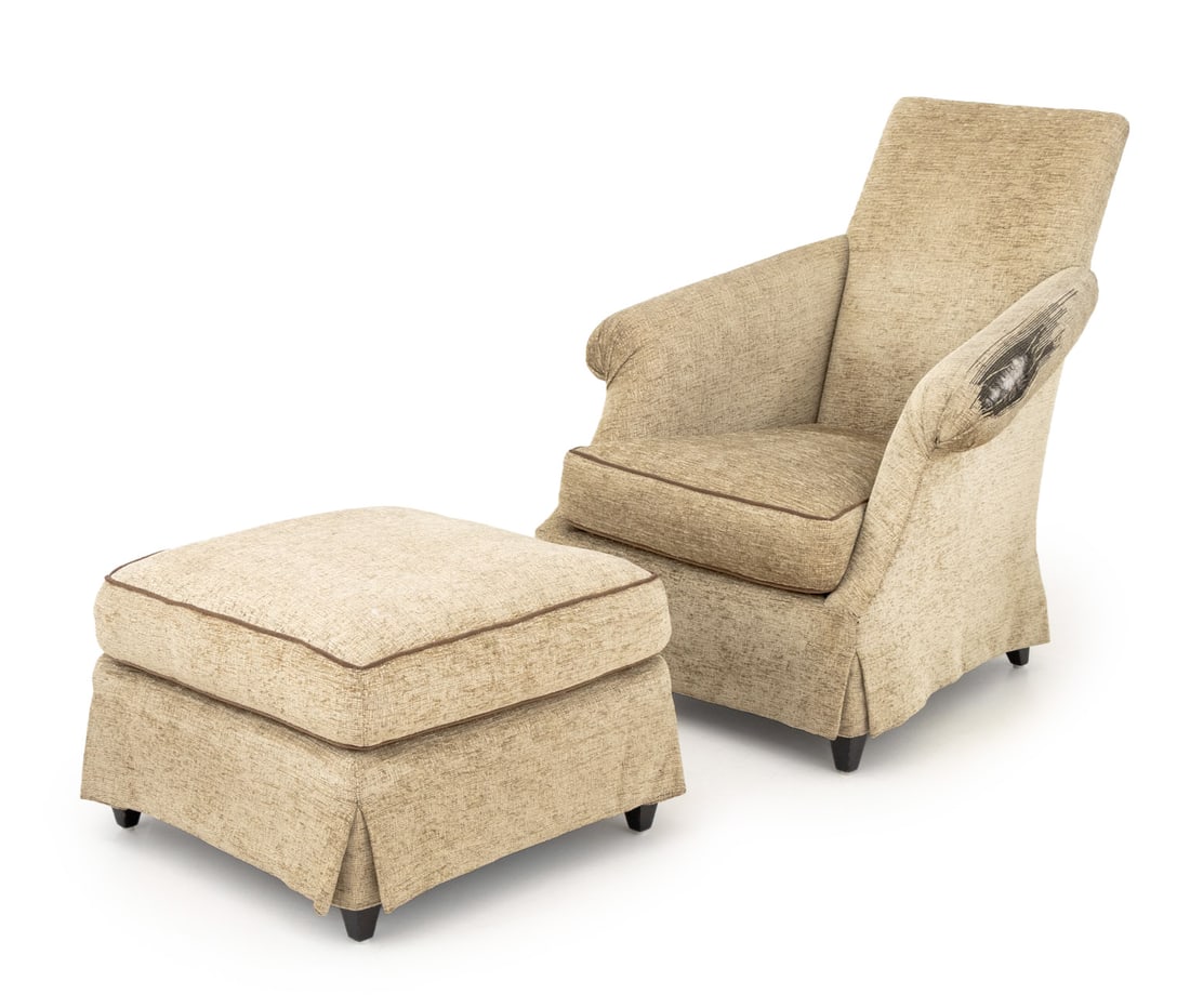 John Hutton x Donghia Chenille Armchair & Ottoman: John Hutton for Donghia Chenille Upholstered Arm Chair and Ottoman, label beneath cushion. Chair: Provenance: From a 28 East 70th Street Penthouse Estate. Keywords: 38" H x 34" W x 33" D; seat: 18" H.