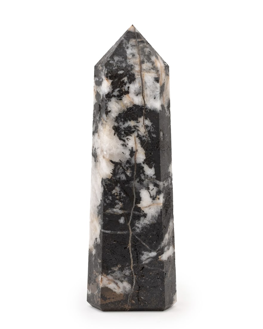 Zebra Jasper Crystal Tower Obelisk Specimen: Zebra Jasper Crystal Tower Obelisk Mineral Specimen. 18.5" H x 6" W x 4" D. Provenance: From an East 53rd Street Collection. Keywords: Crystal point, Minerals, Gemology, Geology, Jasper Marble, Rock c