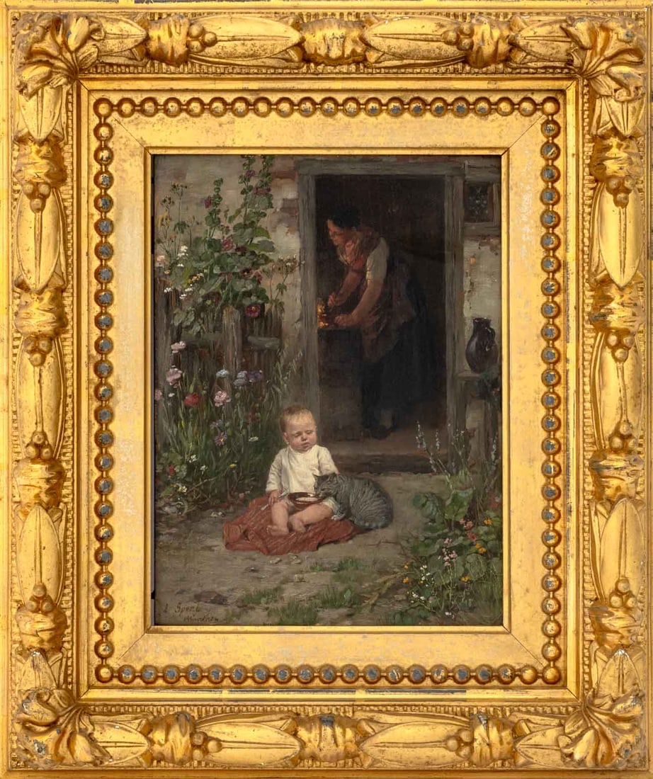 Johann Sperl Mother, Child, & Cat Oil on Panel (1 of 5)