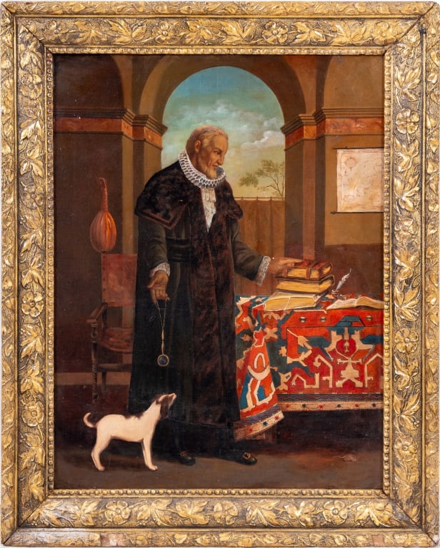 Italian School "The Antiquarian" Oil on Canvas: Italian School, "The Antiquarian", Oil on Canvas, late 19th century, depicting a gentleman standing at a table covered with a carpet, books, his dog, and a small mouse underfoot, unsigned, giltwood fr
