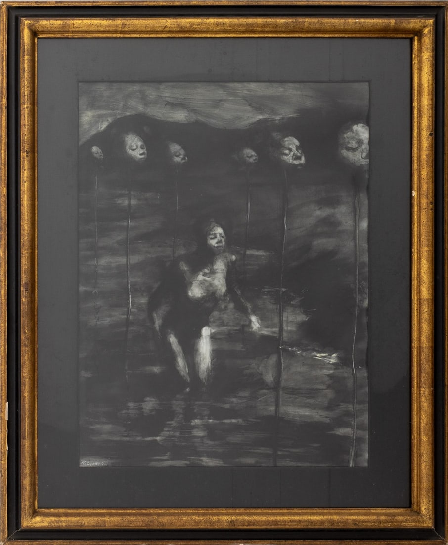 Paul Benney The New American Acrylic, 1986: Paul S. Benney (British, b. 1959), The New American, Acrylic on Paper, 1986, signed "PS Benney" and dated lower left, giltwood and ebonized frame. Image: 24.75" H x 18.75" W; frame: 35" H x 29.25" W x