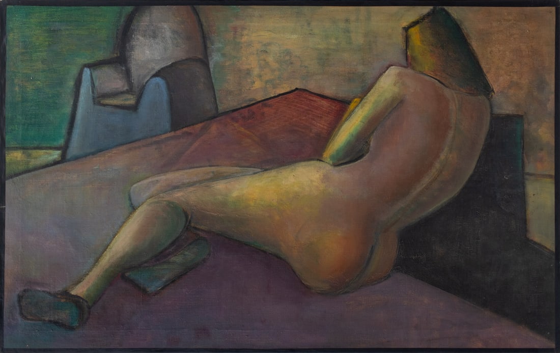 Leonard Feldman Reclining Female Nude Oil: Leonard Feldman (American, XX), Reclining Female Nude, Oil on Canvas, initialed "L.F." verso, unframed. 24.25" H x 38.25" W. Provenance: From the Allen Tucker Memorial Collection. Keywords: Paintings,
