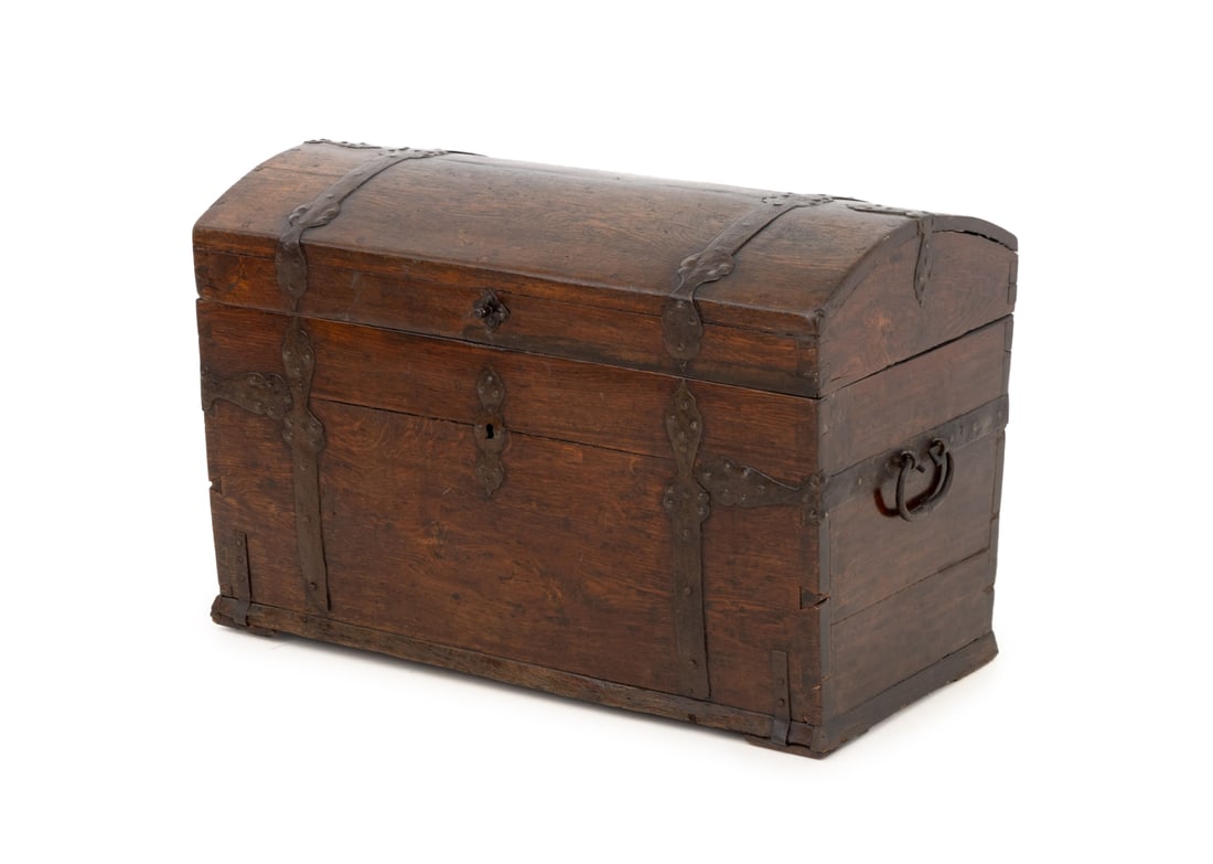 German Iron Mounted Pine Domed Top Chest: German Iron Mounted Pine Domed Top Chest. 23.25" H x 34.75" W x 18.75" D. Provenance: From a Park Slope Estate. Keywords: European Furniture, Blanket chest, Storage, Woodwork, Gothic Revival, Arts and