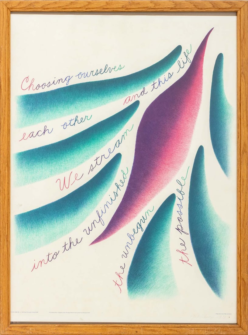 Judy Chicago "From Now On" Lithograph, 1977: Judy Chicago (American, b. 1939), "From Now On", Lithograph in Colors, 1977, with partial poem by poet Adrienne Rich (American, 1929-2012), signed in pencil and dated by Judy Chicago lower right, wood