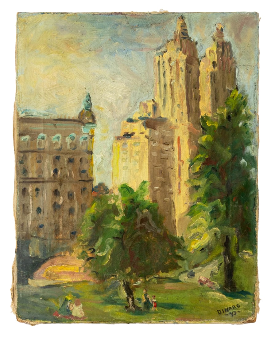 Signed Afternoon in New York Oil on Canvas, 1943: American School, Afternoon in New York City's Central Park, Oil on Canvas, 1943, signed "Dinaro" and dated lower right, unframed. 18" H x 14" W. Provenance: From a Cobble Hill, Brooklyn Collection. Ke