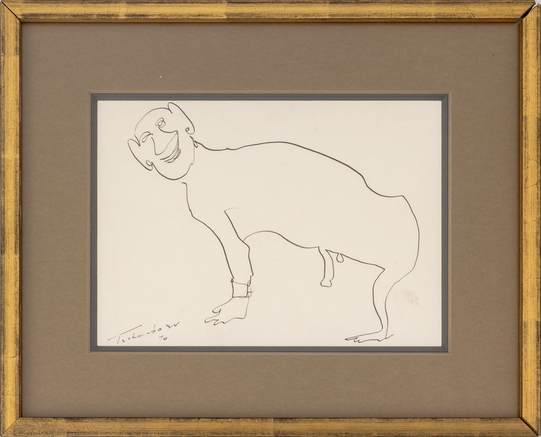 Nahum Tschacbasov "Naked Man" Ink on Paper, 1970: Nahum Tschacbasov (American, born Russia, 1899-1994), "Naked Man", Ink on Paper, signed and dated lower left, giltwood frame. Image: 7.5" H x 10.5" W; frame: 13.25" H x 16.25" W x 1" D. Provenance: Fr