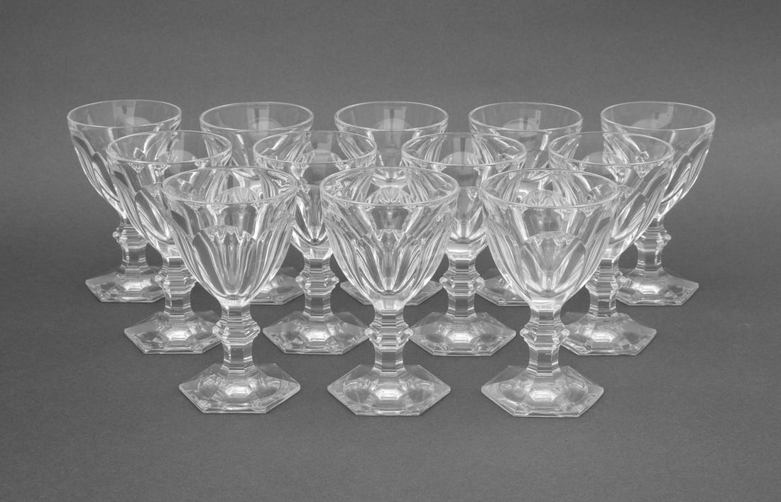Baccarat Crystal "Harcourt" Wine Glasses, 12: Set of Twelve Baccarat Crystal "Harcourt" Pattern White Wine Glasses, each marked "Baccarat France" to underside. 5.5" H x 3.25" Diameter. Provenance: From an East 53rd Street Collection. Keywords: De