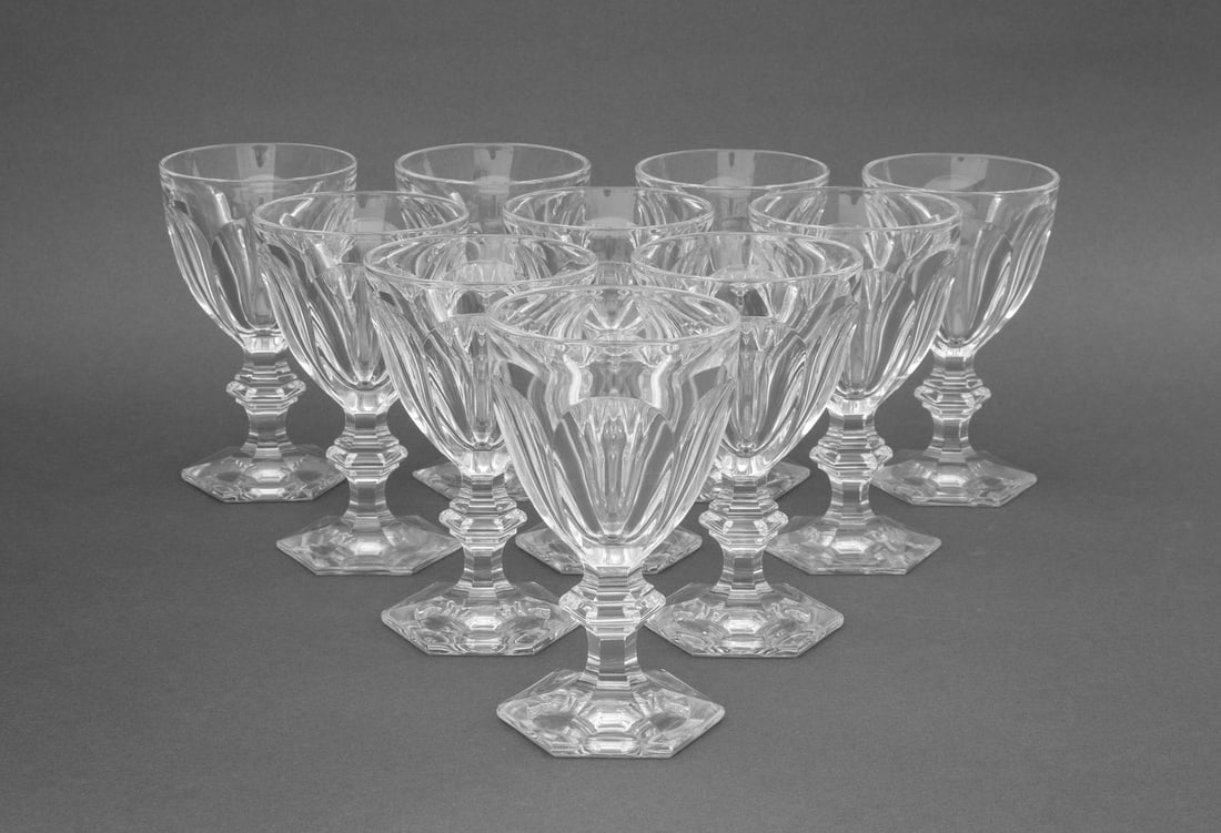 Baccarat Crystal "Harcourt" Wine Glasses, 10: Set of Ten Baccarat Crystal "Harcourt" Pattern Red Wine Glasses, all marked "Baccarat France" to underside. 6.5" H x 4" Diameter. Provenance: From an East 53rd Street Collection. Keywords: Designer, F