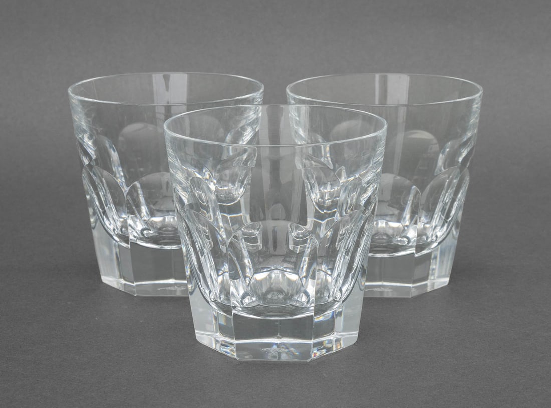 Baccarat Crystal "Harcourt" Rocks Glasses, 3: Set of Three Baccarat Crystal "Harcourt" Pattern Tumbler Glasses, all marked "Baccarat France" to underside. 4.25" H x 4.25" Diameter. Provenance: From an East 53rd Street Collection. Keywords: