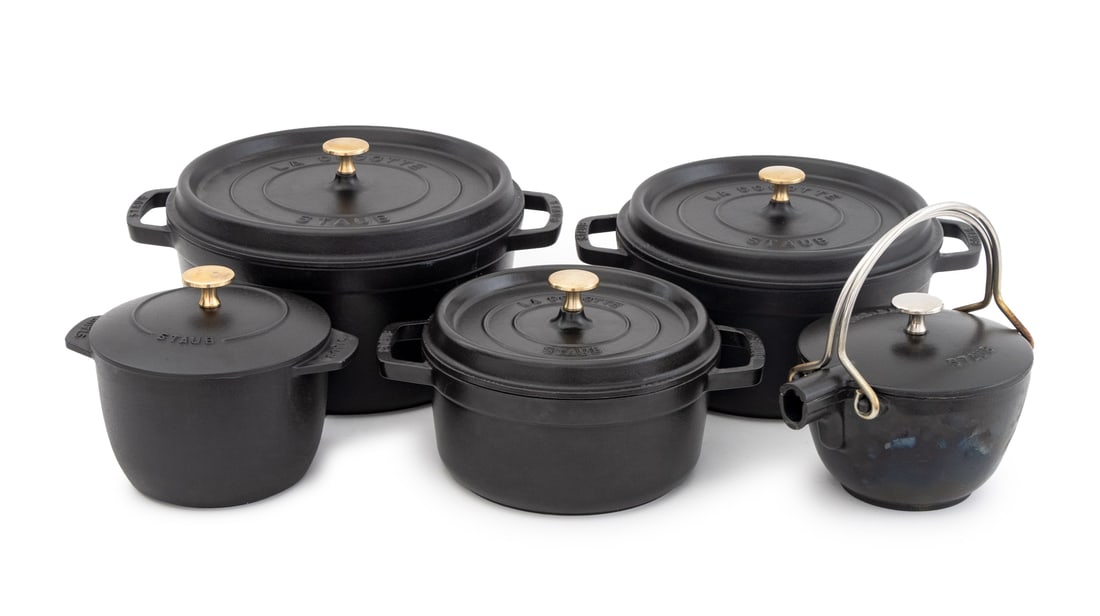 Staub Black Matte Cast Iron Cookware, 5 Pcs.: Set of Five Staub Black Matte Cast Iron Cookware Pieces, all marked "Made in France" and comprising: two large La Cocotte Dutch ovens, one medium, one smaller covered pot with brass knop, and a kettle