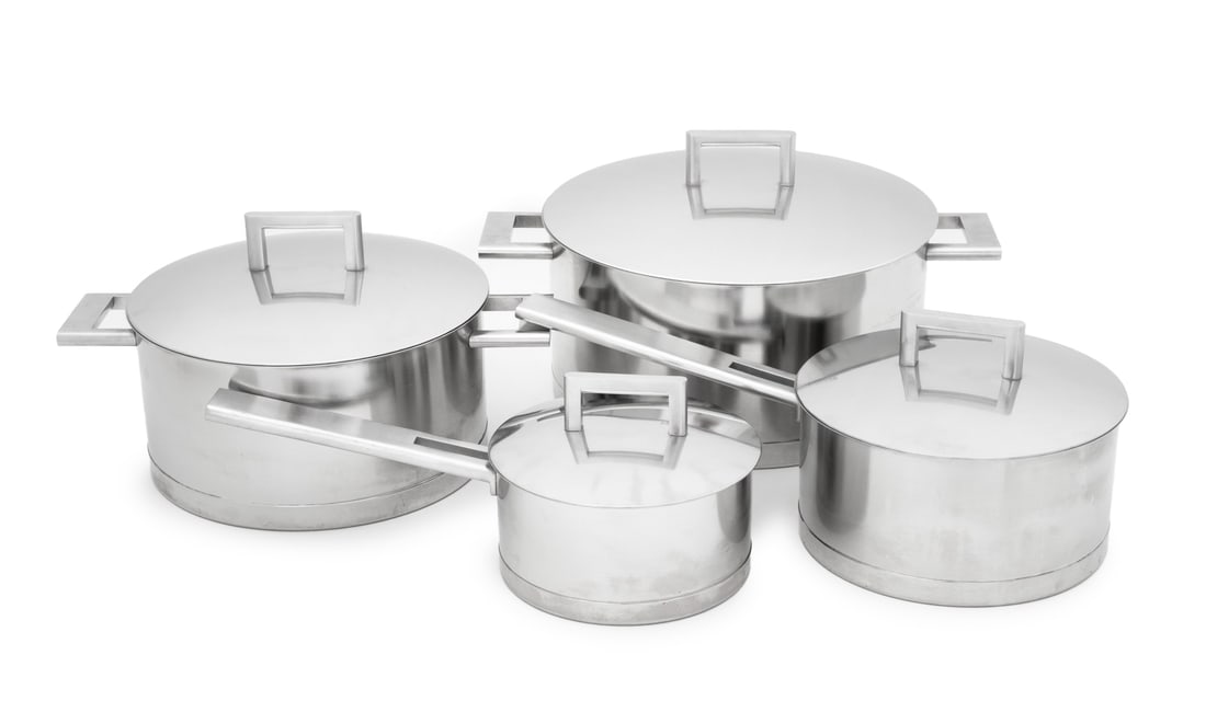 John Pawson for Demeyere Pots & Pans, 4: Set of Four John Pawson for Demeyere Pots and Pans, comprising: 2 two-handle covered pots and two covered saucepans, all marked "The Wonderful World of Cooking / Made in Belgium / demeyere / 18/10 / T