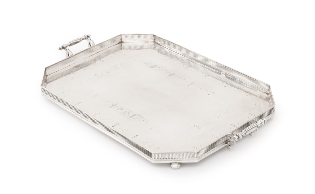 English Silver Plate Two-Handled Serving Tray: English Silver Plate Two-Handled Serving Tray, with pierced gallery and incised scroll and floral decoration on four bun feet, marked "Electro Plate / B S Co / EP 3734" to underside. 2.5" H x 28" W x