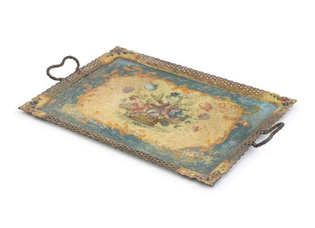 French Provincial Tole Peinte Serving Tray: French Provincial Tole Peinte Serving Tray, with reticulated border, two wrought iron heart-form handles, and hand-painted with a basket full of flowers. 1.5" H x 19.75" W x 12" D. Provenance: Propert