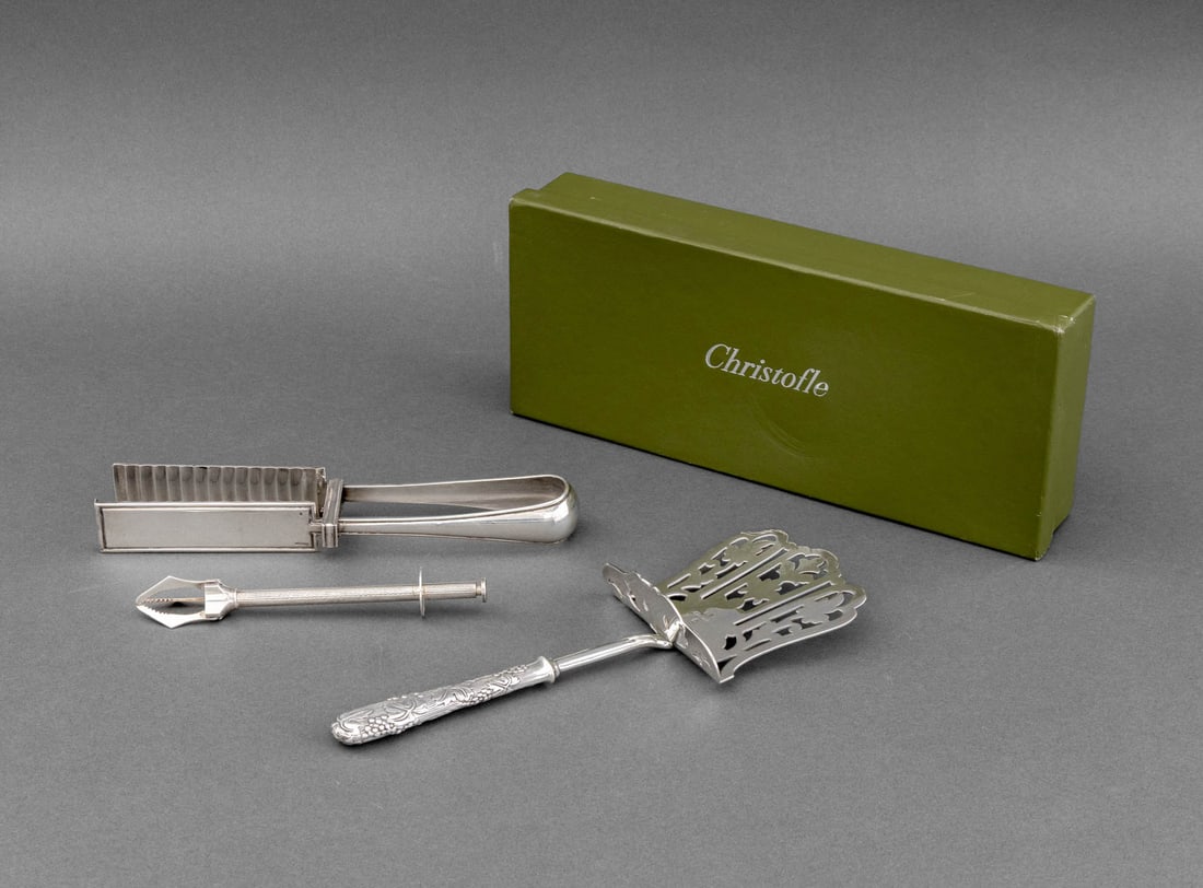 Christofle Silver Plate Serving Flatware, 3 Pcs.: Group of Three Christofle Silver Plate Serving Flatware Pieces, comprising: asparagus tongs, sugar tongs with push button mechanism, and "Vinea" pattern asparagus server, each marked. Largest: 10.5"