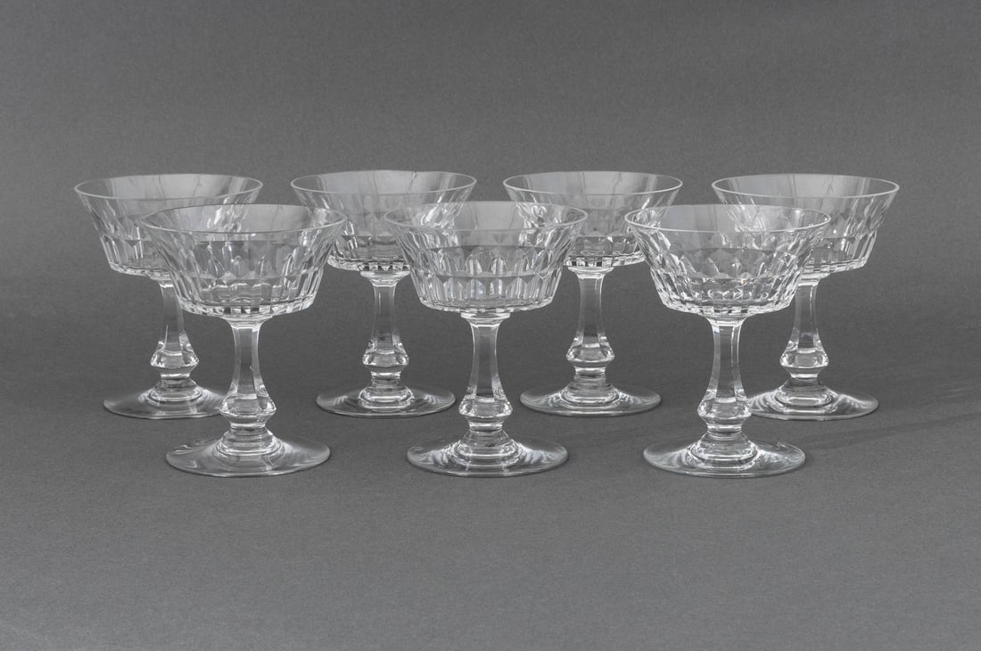 Baccarat Crystal "Piccadilly" Champagne Coupes, 7: Set of Seven Baccarat "Piccadilly" Pattern Crystal Champagne Coupes, etch marked logo to undersides. 5" H x 4" Diameter. Provenance: From a 201 E 66th Street Estate. Keywords: Designer, French