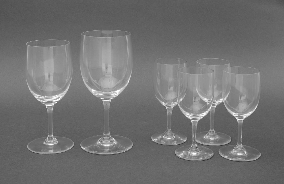 Baccarat Crystal "Perfection" Stemware, 6 Pcs.: Group of Six Baccarat "Perfection" Pattern Crystal Stemware Pieces, comprising: (1) one water goblet, (1) one burgundy wine glass, and (4) four port wine glasses, each with acid-etched mark to