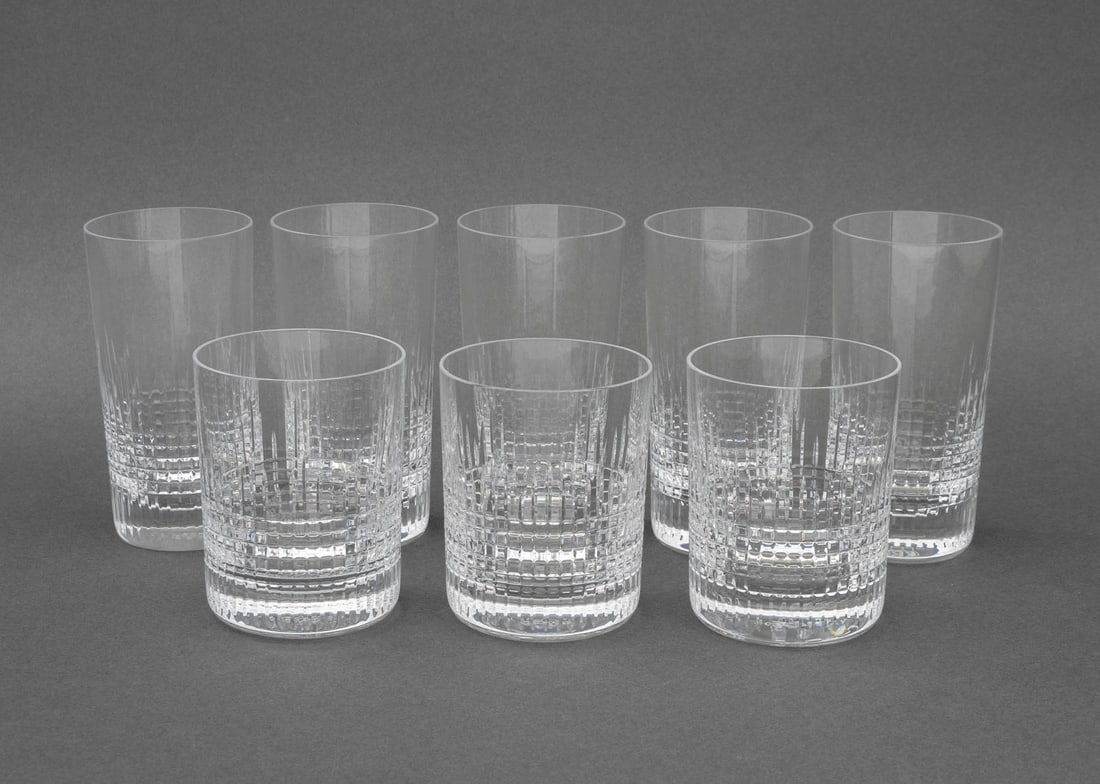 Baccarat Crystal "Nancy" Glassware, 8 Pcs.: Group of Eight Baccarat "Nancy" Pattern Crystal Glassware Pieces, comprising: (5) five highball glasses and (3) old fashioned glasses, each with acid-etched mark to underside. Tallest: 5.5" H x 2.75"
