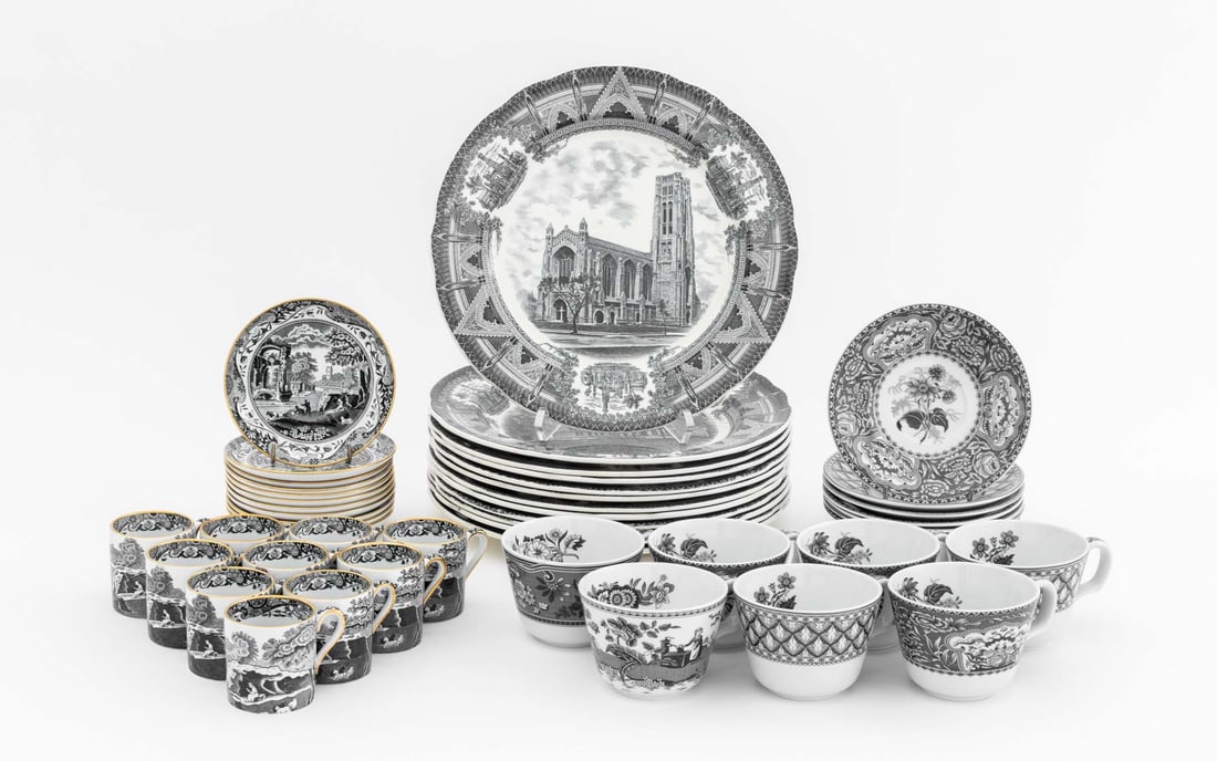 Spode Transfer Decorated Dinnerware, 47 Pcs.: Group of Spode Transfer Decorated Dinnerware Pieces, comprising: (12) twelve dinner plates, in University architecture pattern, 1931, marked "Copepland / Spode / England", (10) ten espresso cups and