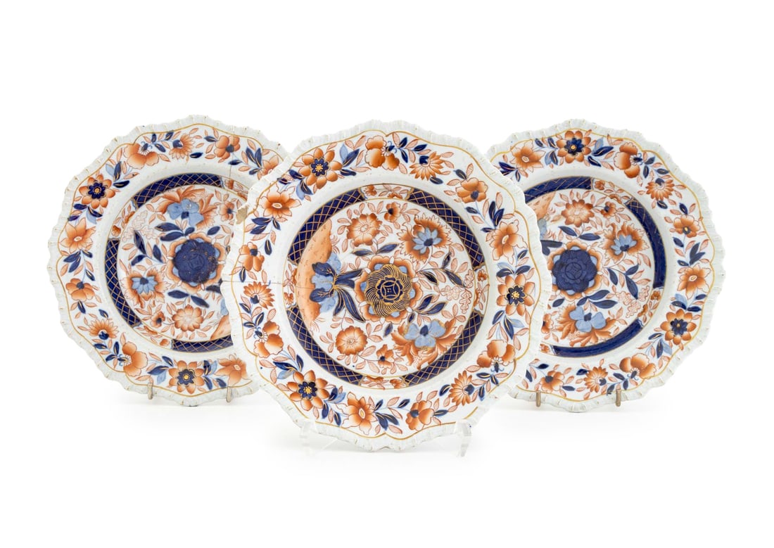 Hicks, Meigh & Johnson Ironstone Soup Plates, 3: Set of Three Hicks, Meigh, and Johnson Ironstone Soup Plates, early 19th century, orange and blue Imari design with gilt decoration, scalloped edges, marked "Stone China" underside. 8.75" Diameter x