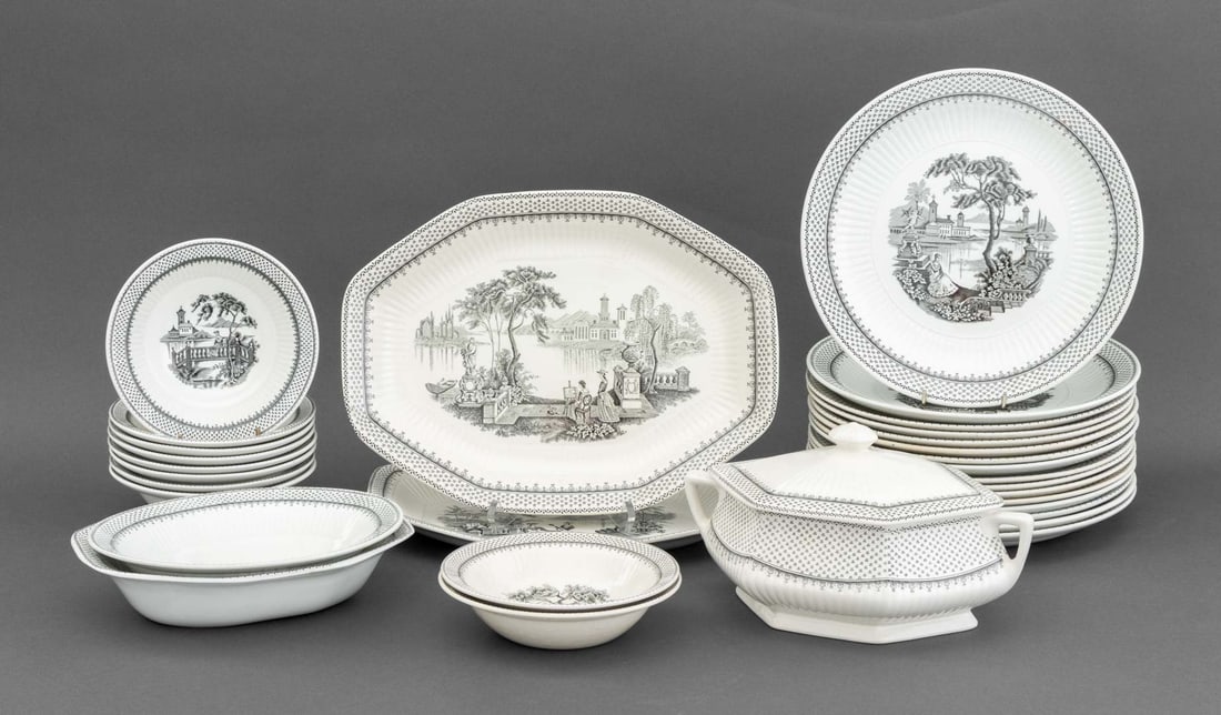 Adams "Minuet" Ironstone Tableware, 31 Pcs.: Set of Adams "Minuet" Ironstone Tableware Pieces, comprising: (16) sixteen dinner plates, (2) two soup bowls, (8) eight cereal bowls, (2) two graduated octagonal serving platters, (1) one covered