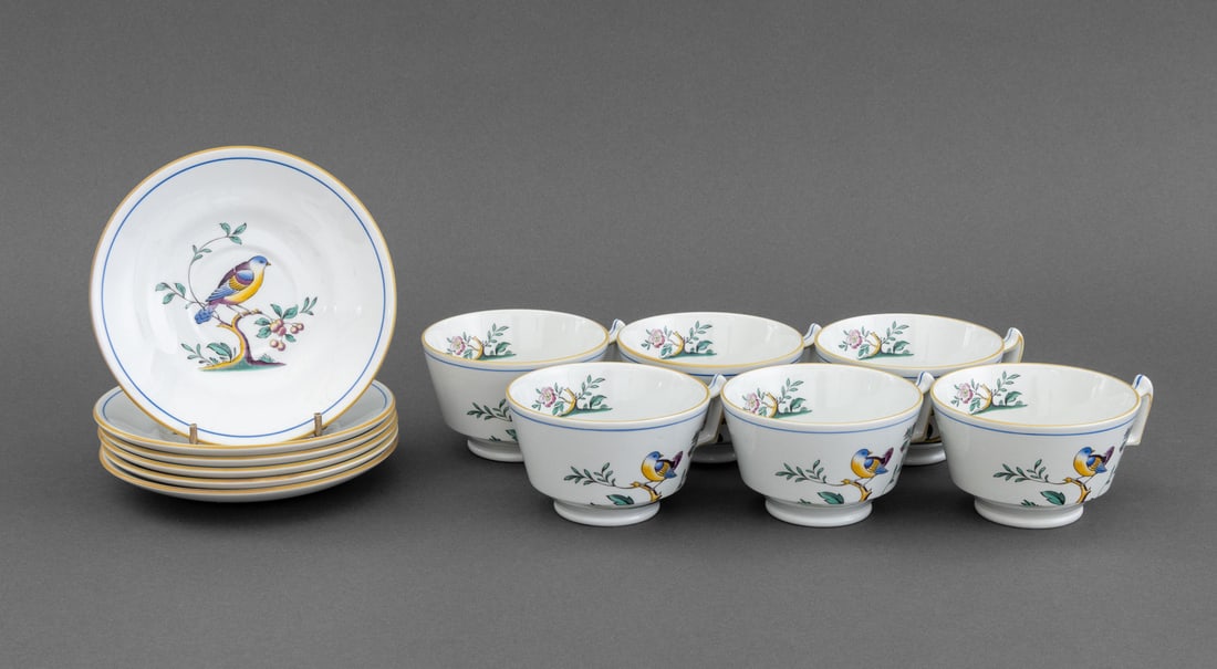 Spode "Queen's Bird" Porcelain Tableware, 12 Pcs.: Set of Spode "Queen's Bird" Porcelain Tableware Pieces, comprising: (6) six teacups and (6) six saucers, each marked "Spode / Made in England / Y4973-W / Queen's Bird" to underside. 12 pieces total.