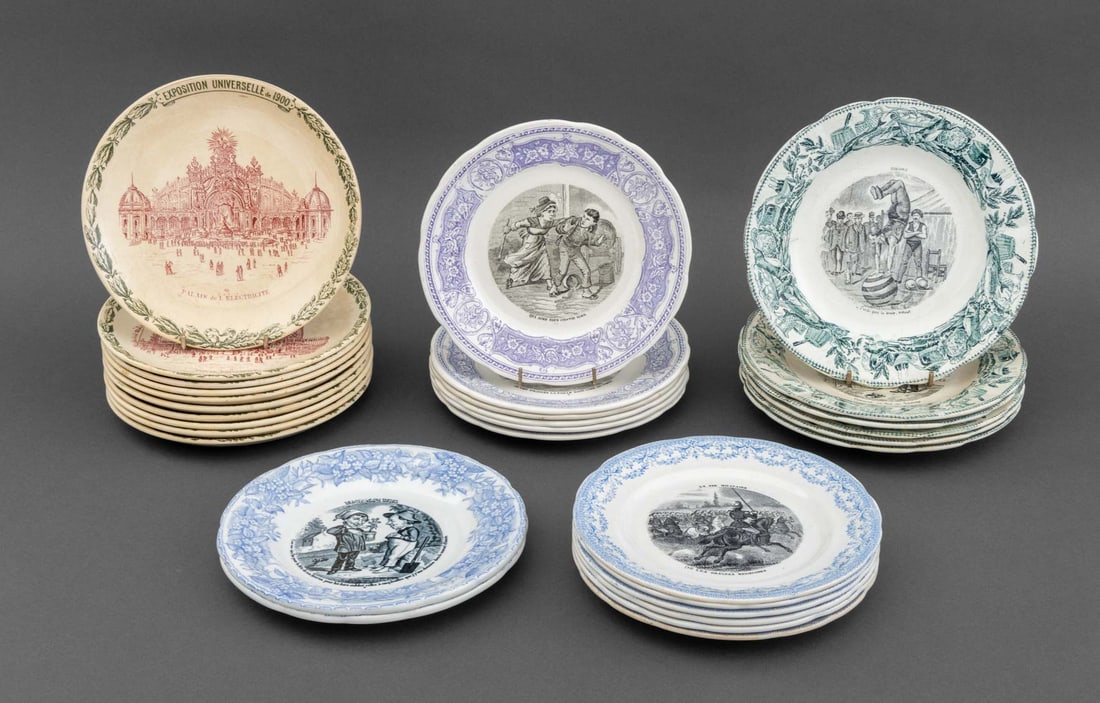 French Antique Faience Plates, 30: Collection of 30 French Antique Faience Plates, comprising: (10) Choisy le Roi "Exposition Universelle de 1900" plates, each marked "France" with maker's mark, eight (8) satirical plates stamped with