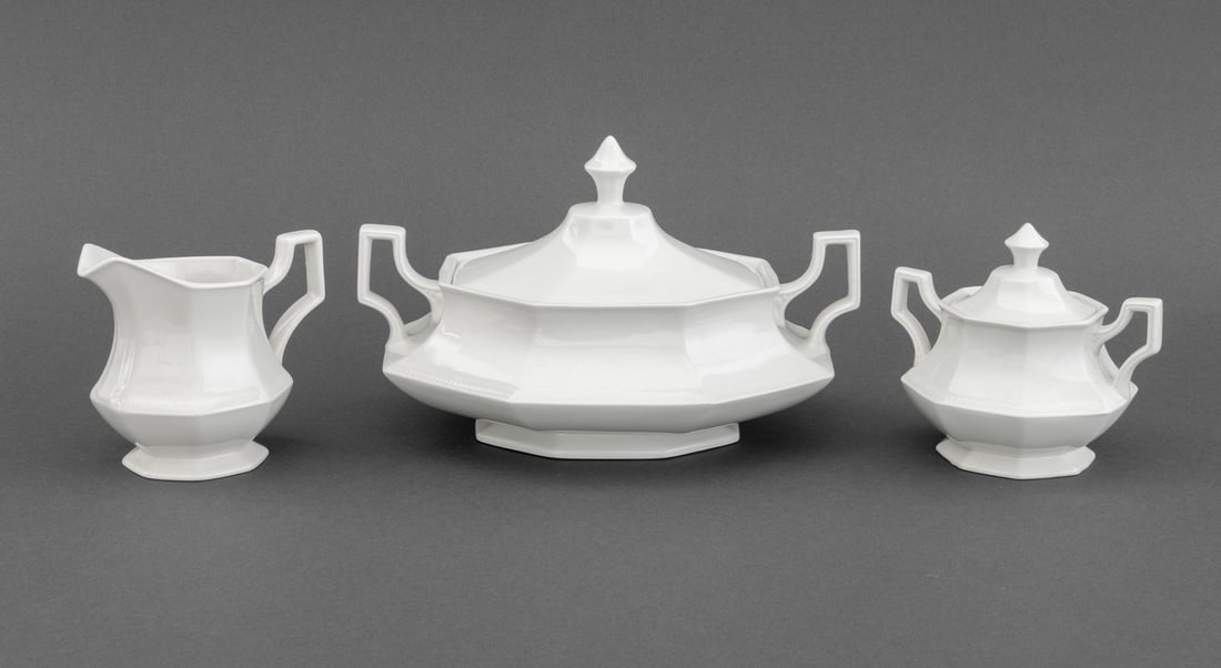 Johnson Brothers Ironstone Tableware, 3 Pcs.: Set of Three Johnson Brothers Ironstone Tableware Pieces, comprising: covered two-handled octagonal serving dish, covered two-handled sugar, and creamer, each marked "Johnson Bros. / Made in England"