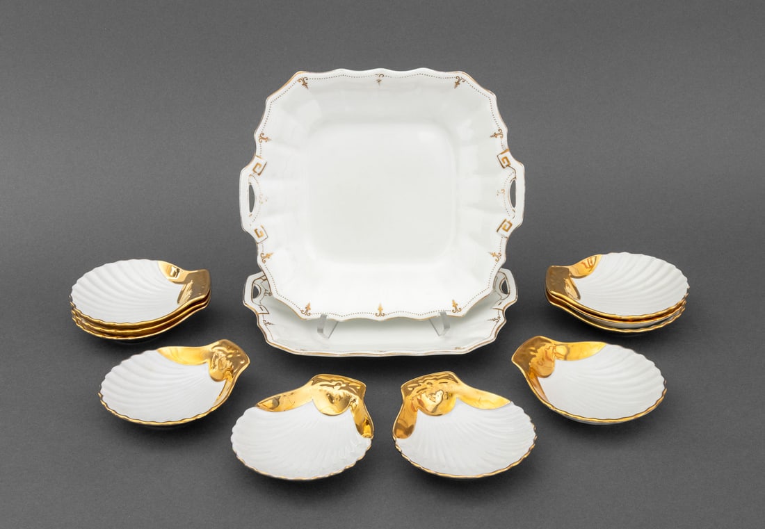 English Porcelain Tableware, 10 Pcs.: Group of Ten English Porcelain Tableware Pieces, comprising: (8) eight Royal Worcester shell dishes with gilt rim and handle, marked "Royal Worcester / Made in England / Fireproof / Shape 5 2 / Size