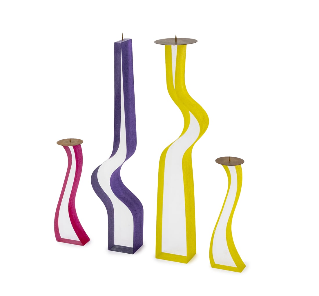 Cec LePage Sculptural Lucite Candlesticks, 4: Group of Four Cec LePage Sculptural Lucite Candle Pricket Sticks, 1993, with brass candle drip pans, each signed and dated to side, two yellow, one pink, and one purple. Tallest: 16.5" 3.25" W x 2"