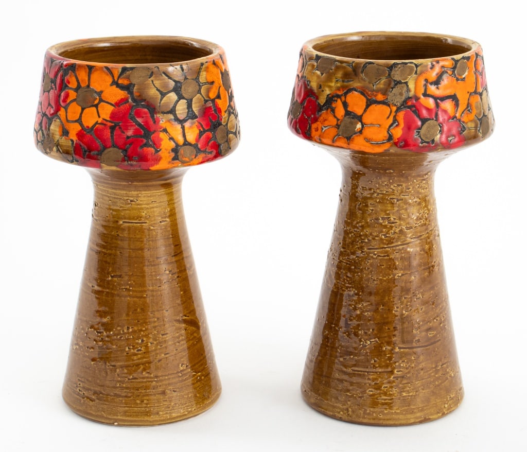 Bitossi Italian Floral Pottery Candlesticks, Pair: Pair of Bitossi Italian Pottery Candlesticks, with hand-painted flowers in red and orange glazes, marked "67/5A / Italy" to undersides. 6.5" H x 3.5" Diameter. Provenance: From a 333 East 75th Street