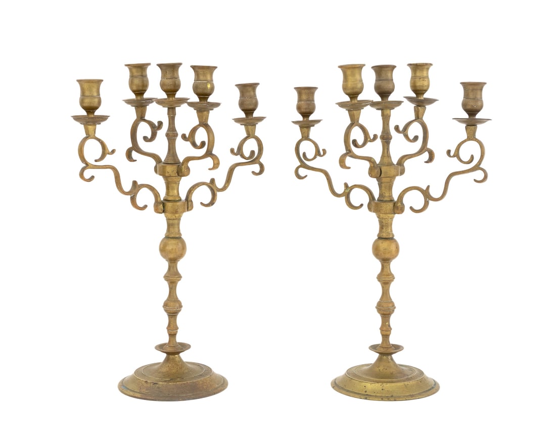 Arts & Crafts Brass 5-Branch Candelabras, Pair: Pair of Arts and Crafts Brass Five-Branch Candelabras, early 20th century. 17" H x 12" W x 5.5" D. Provenance: From an East 35th Street Estate. Keywords: Lighting, Neoclassical, Candlesticks, Candelab