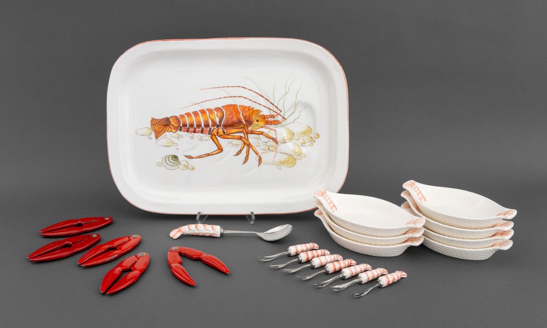 Harlequin Shellfish Service, 20 Pcs.: Assembled Harlequin Shellfish Service, comprising: 5 lobster crackers, 7 ceramic dishes marked "Sea Fare / by / Stafford / 1986", 6 shrimp tail handle forks, 1 serving spoon, and an Italian hand-paint