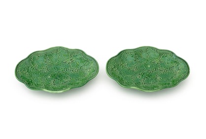 Green Majolica Navette Shaped Dishes, Pair