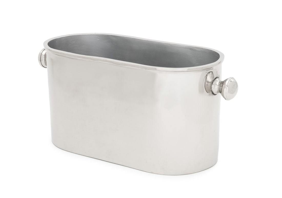 Modern Stainless Steel Champagne Bucket: Modern Stainless Steel Champagne Bucket, with two handles. 8" H x 18" W x 7.25" D. Provenance: From an East 53rd Street Collection. Keywords: Oenology, Wine chiller, Wine cooler, Bottle cooler, Ice bu