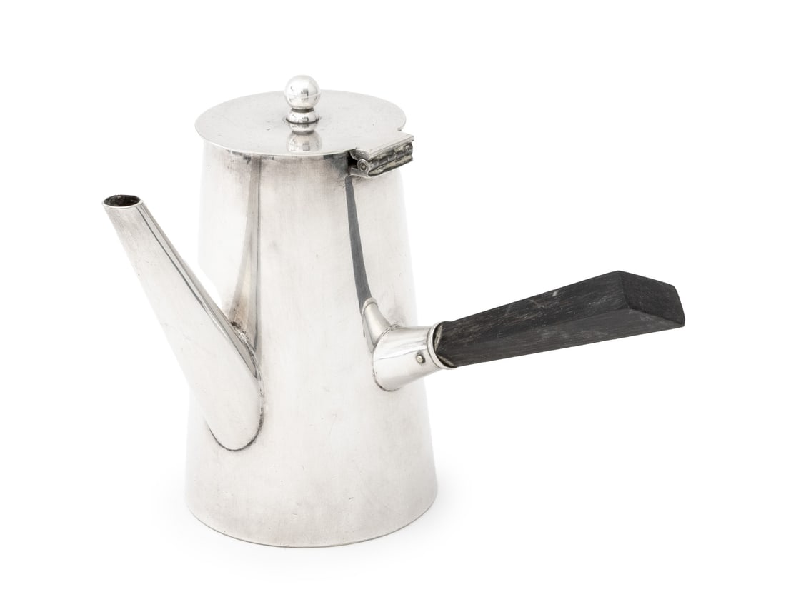 Asprey Silver Plate Hot Chocolate Pot: Asprey Silver Plate Hot Chocolate Pot, with ebonized handle, marked "Asprey / 4092 / EPNS" and "4 Cup" to underside. 5" H x 6.5" W x 4.25" D. Provenance: From a Greenwich, Connecticut Estate. Keywords