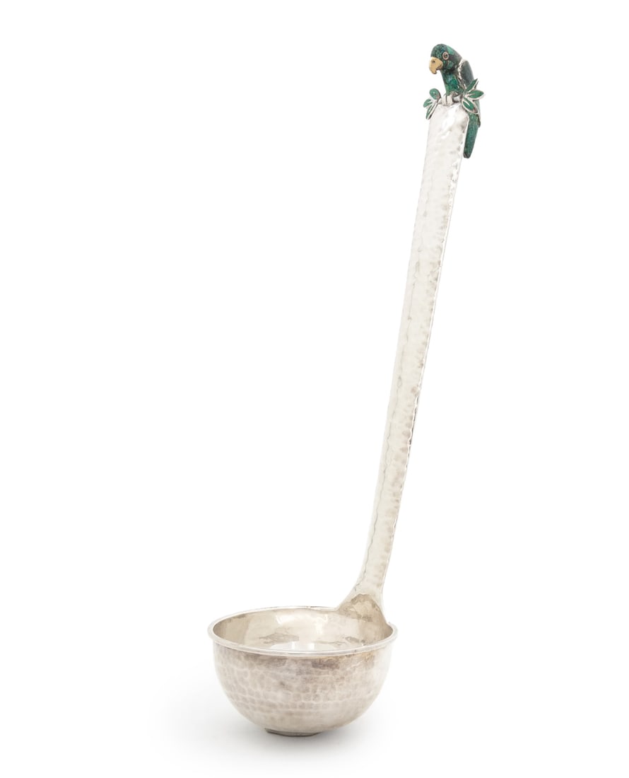 Emilia Castillo Hammered Silver Plate Ladle: Emilia Castillo Hammered Silver Plate Ladle, with turquoise parrot perched to the handle, marked "Plateado / Emilia Castillo / 11 / Mexico MR / Plateado". 14.25" L x 3.75" Diameter. Provenance: From a