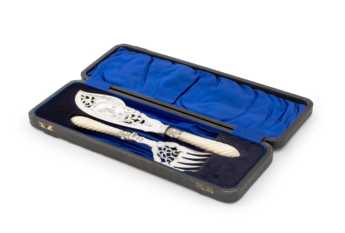 Mother-of-Pearl and Silver Plate Fish Servers, Pr. (1 of 14)