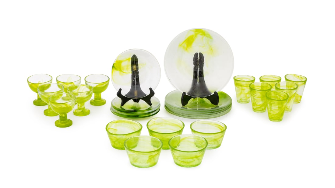 Ulrica Hydman Vallien "Mine" Glass Service, 29: Ulrica Hydman Vallien (Swedish, 1938-2018) for Kosta Boda "Mine" Green Glass Service, all marked to underside and comprising: 6 footed dessert bowls, 6 cups, 5 bowls, 6 salad plates, and 6 dinner plat