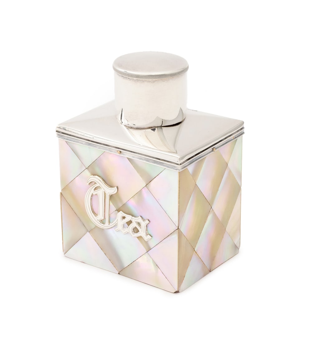 Victorian Silver Mounted Mother-of-Pearl Tea Caddy: Victorian Sterling Silver Mounted Mother-of-Pearl Tea Caddy, struck with maker's mark for Cornelius Desormeaux Saunders and James Francis Hollings Shepherd, London, 1895, with silver "Tea" label mount