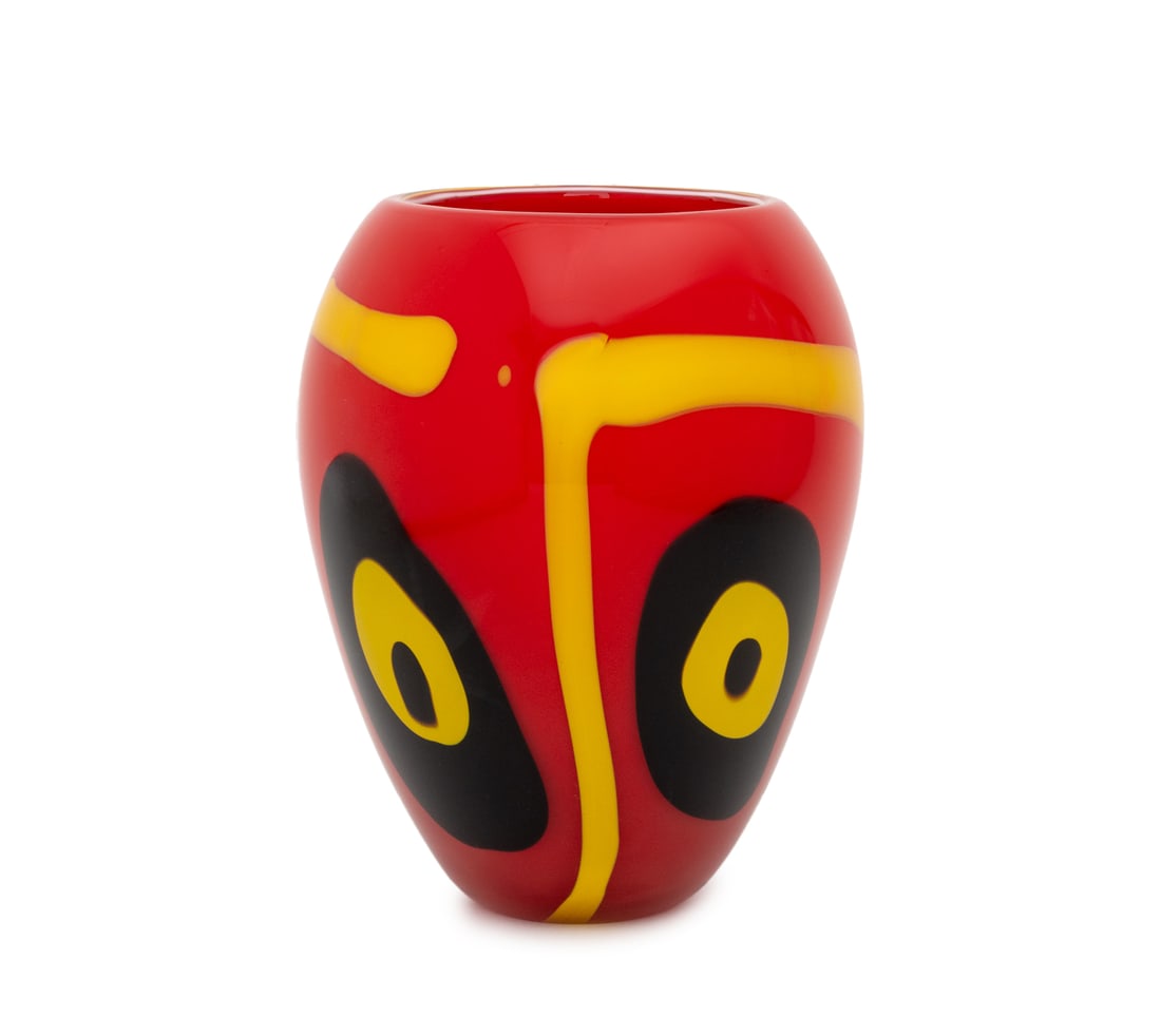 Murano Abstract Pattern Red Glass Vase: Murano Abstract Pattern Red Glass Vase, with yellow and black geometric design, "100% handmade / Murano / in Italy" label to underside. 9.5" H x 7.5" Diameter. Provenance: From a Brooklyn Estate.