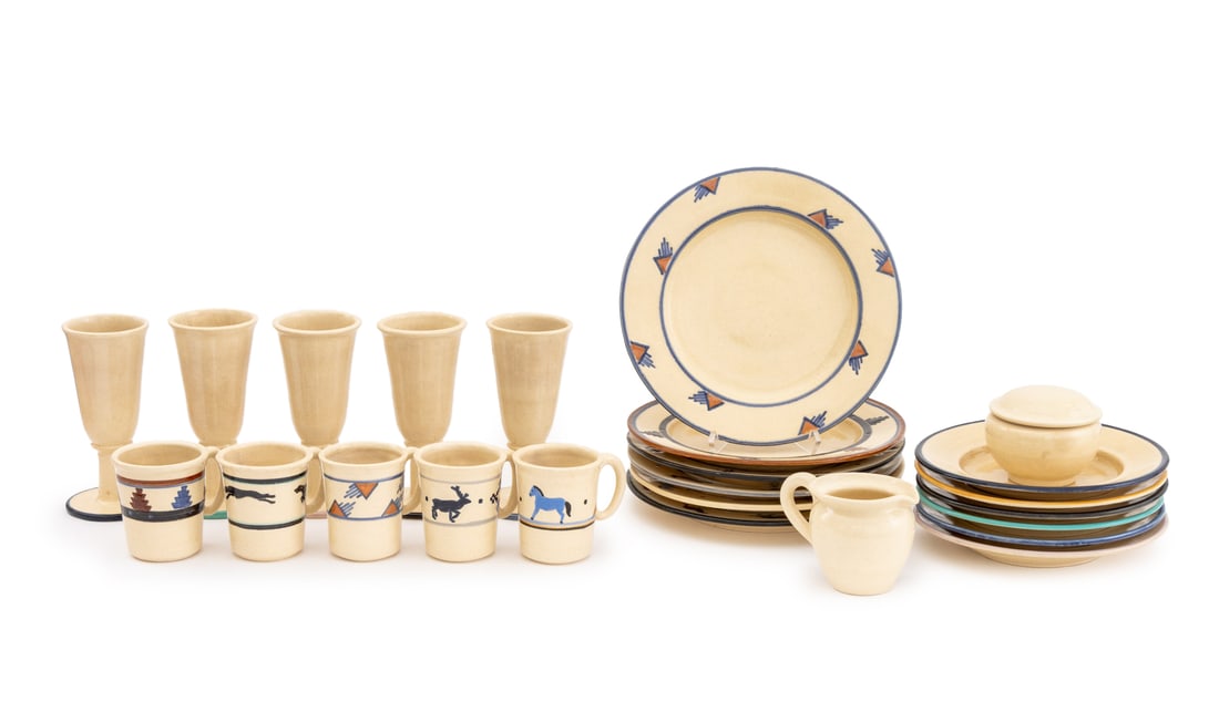 Southwestern Glazed Art Pottery Tableware, 24 Pcs.: Collection of 24 Southwestern Glazed Art Pottery Tableware Pieces, with hand-painted geometric trim, comprising: (6) six dinner plates, (6) six shallow soup bowls, (5) five footed chalice cups, (5)