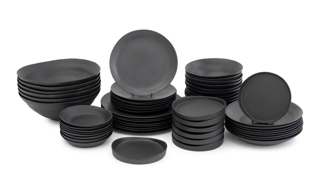 3,co Matte Black Ceramic Tableware, 54 Pcs.: Set of 54 3,Co Matte Black Ceramic Tableware Pieces, from the Ripple collection, comprising: (8) eight dinner plates, (8) salad plates, (8) eight circular dishes, (6) six serving bowls, (10) salad
