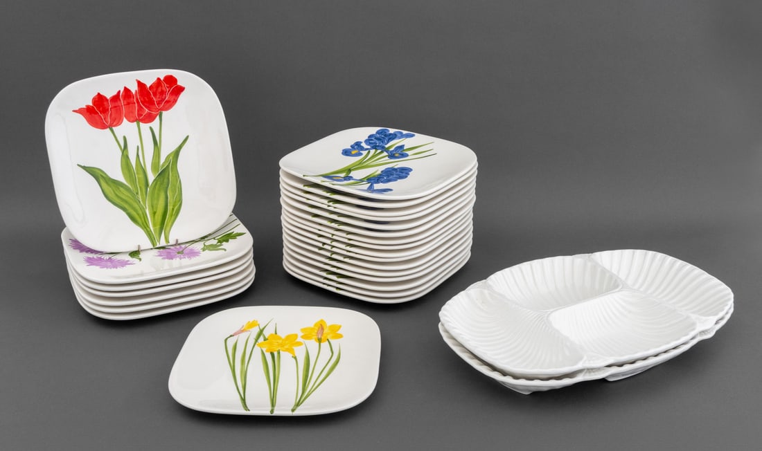 The Sea Gull Painted Ceramic Tableware, 26 Pcs.: Collection of The Sea Gull Painted Ceramic Tableware, comprising: (24) twenty-four plates each painted with flowers to the center and pair shell form divided serving platter, each marked "The Sea