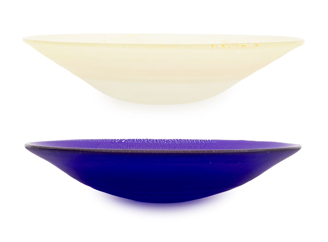Murano Gold-Flecked Glass Centerpiece Bowls, 2: Two Murano Gold-Flecked Glass Centerpiece Bowls, one frosted colorless glass and one frosted cobalt blue, each with "Vetri Artistico / Murano" label. Larger: 3.25" H x 14" Diameter. Provenance: From