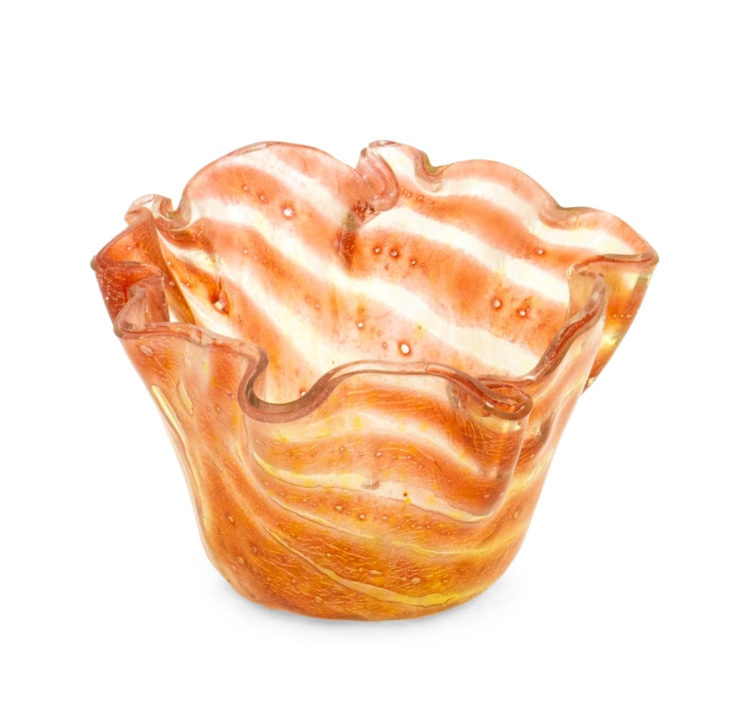 Murano Art Glass Handkerchief Vase: Murano Art Glass Handkerchief Vase, with pink crackle stripes. 3.5" H x 5.5" W x 5.5" D. Provenance: From a TriBeCa Penthouse Collection. Keywords: Fazzoletto Vase, Studio Glass, Sculpture, Italian