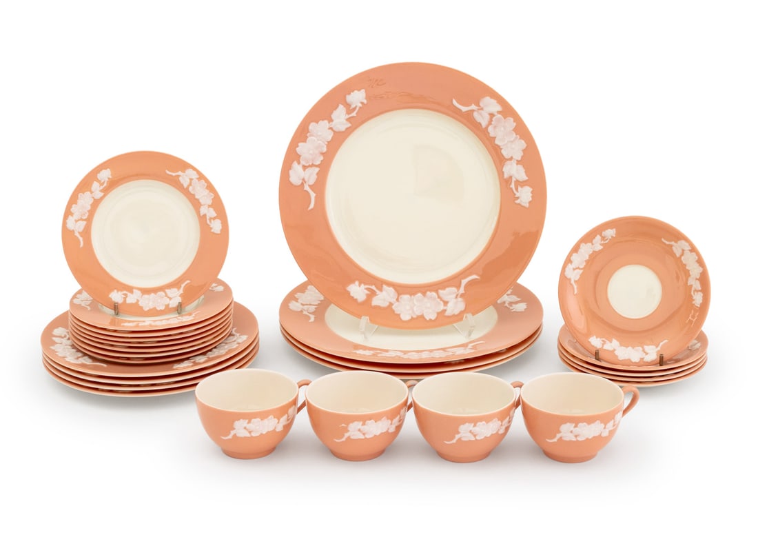 Lenox Apple Blossom Porcelain Tableware, 25 Pcs.: Set of Lenox "Apple Blossom Coral" Pattern Porcelain Tableware Pieces, comprising: (4) four dinner plates, (4) four salad plates, (8) eight bread and butter plates, (4) four tea cups and (5) five sauc
