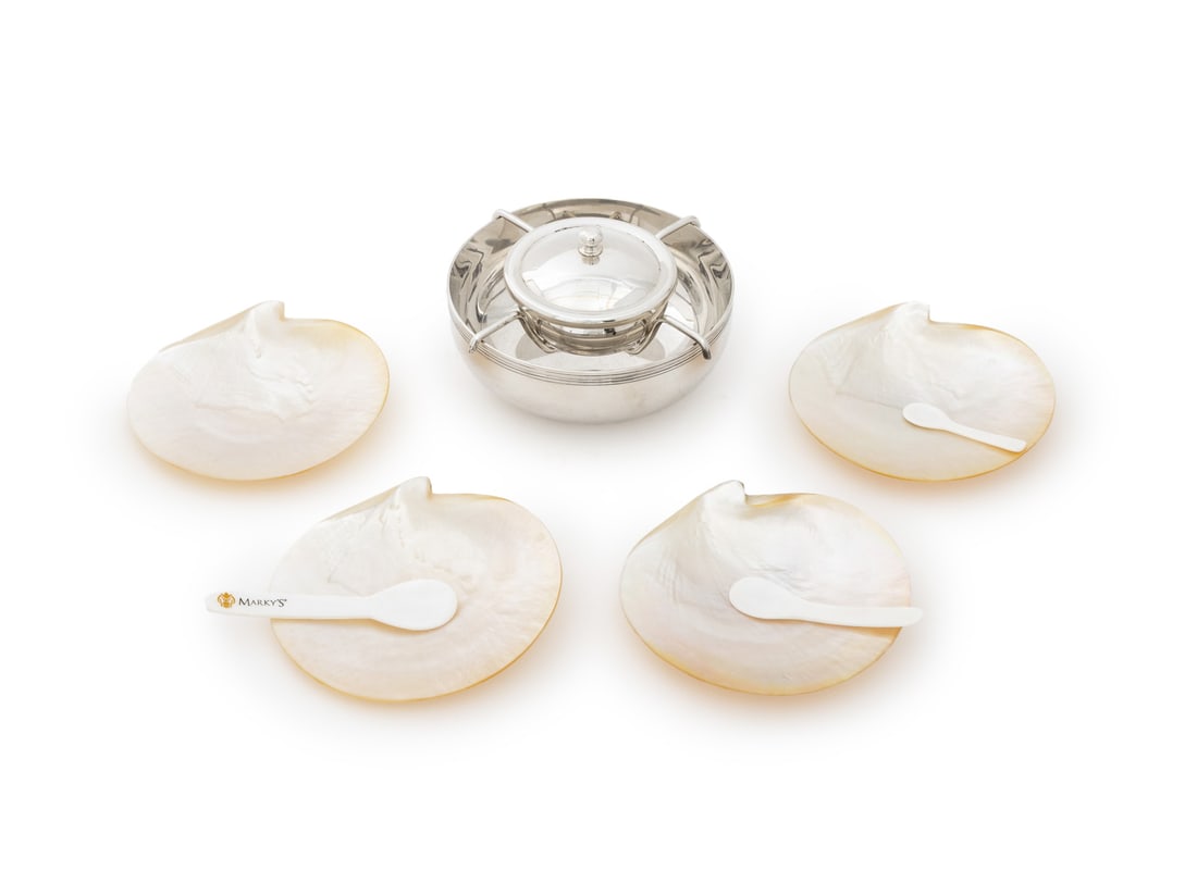 Silver Plate & Mother-of-Pearl Caviar Set, 8 Pcs.: Silver Plate and Mother-of-Pearl Assembled Caviar Set, comprising: (1) one Christofle caviar server set with mother of pearl spoon, (4) four mother-of-pearl shell form plates, and (2) mother-of-pearl